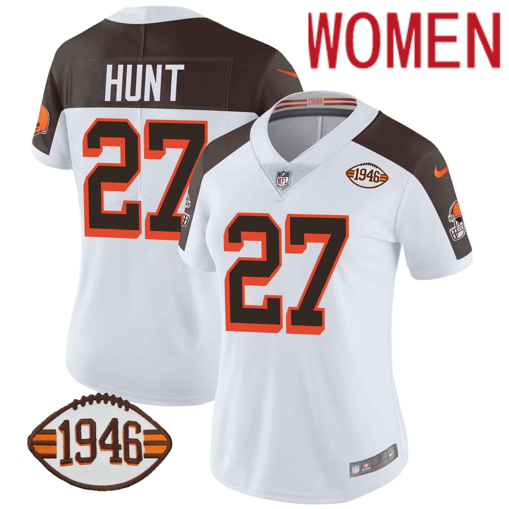 Women Cleveland Browns #27 Hunt White 1946 75th Anniversary Patch 2024 Nike NFL Jersey style 1->women nfl jersey->Women Jersey